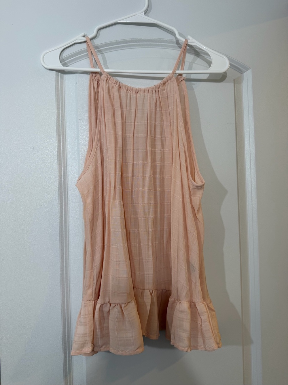 SHEIN Peach Textured Ruffle-Hem Spaghetti Strap Top